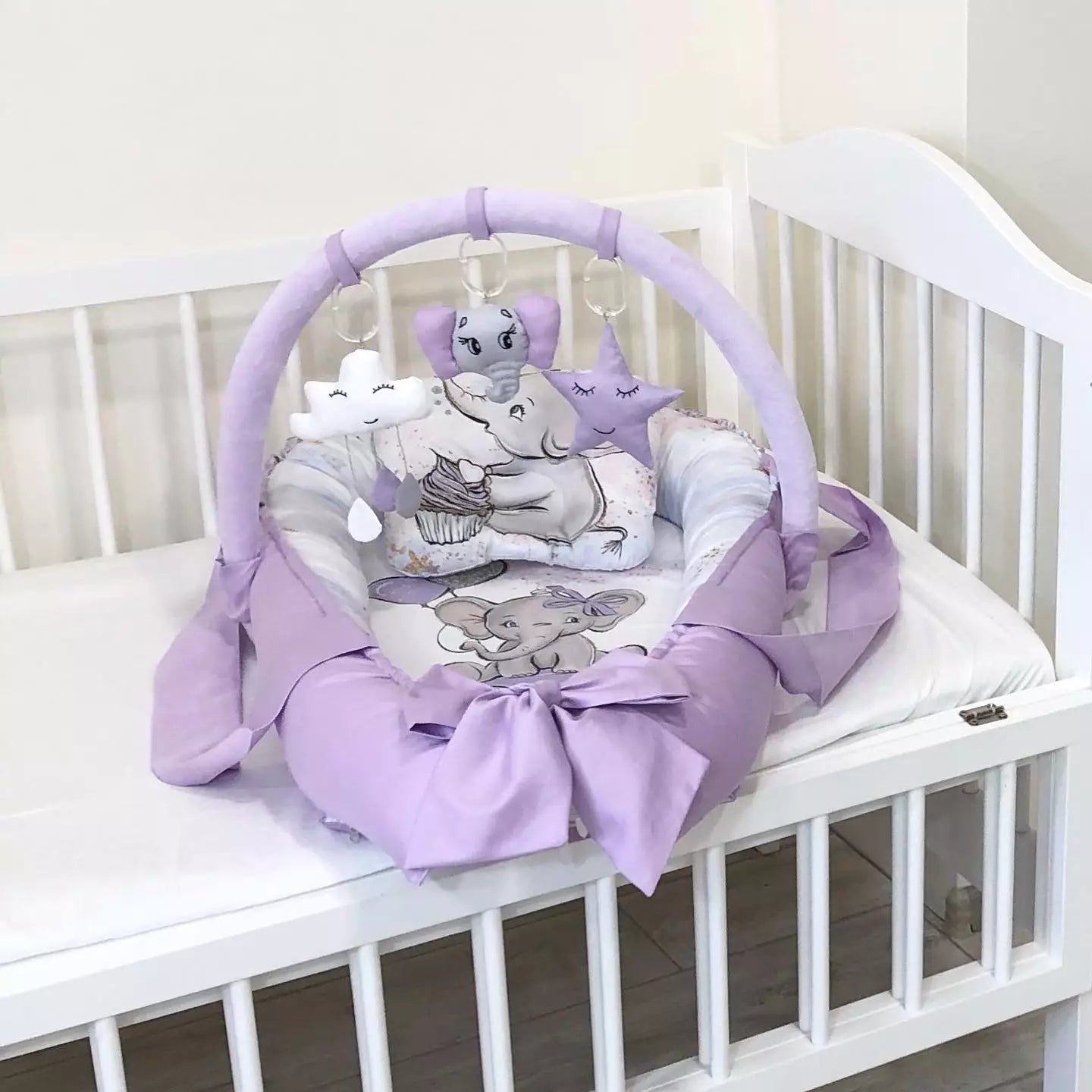 Elephant co-sleeper baby girl gift in purple color