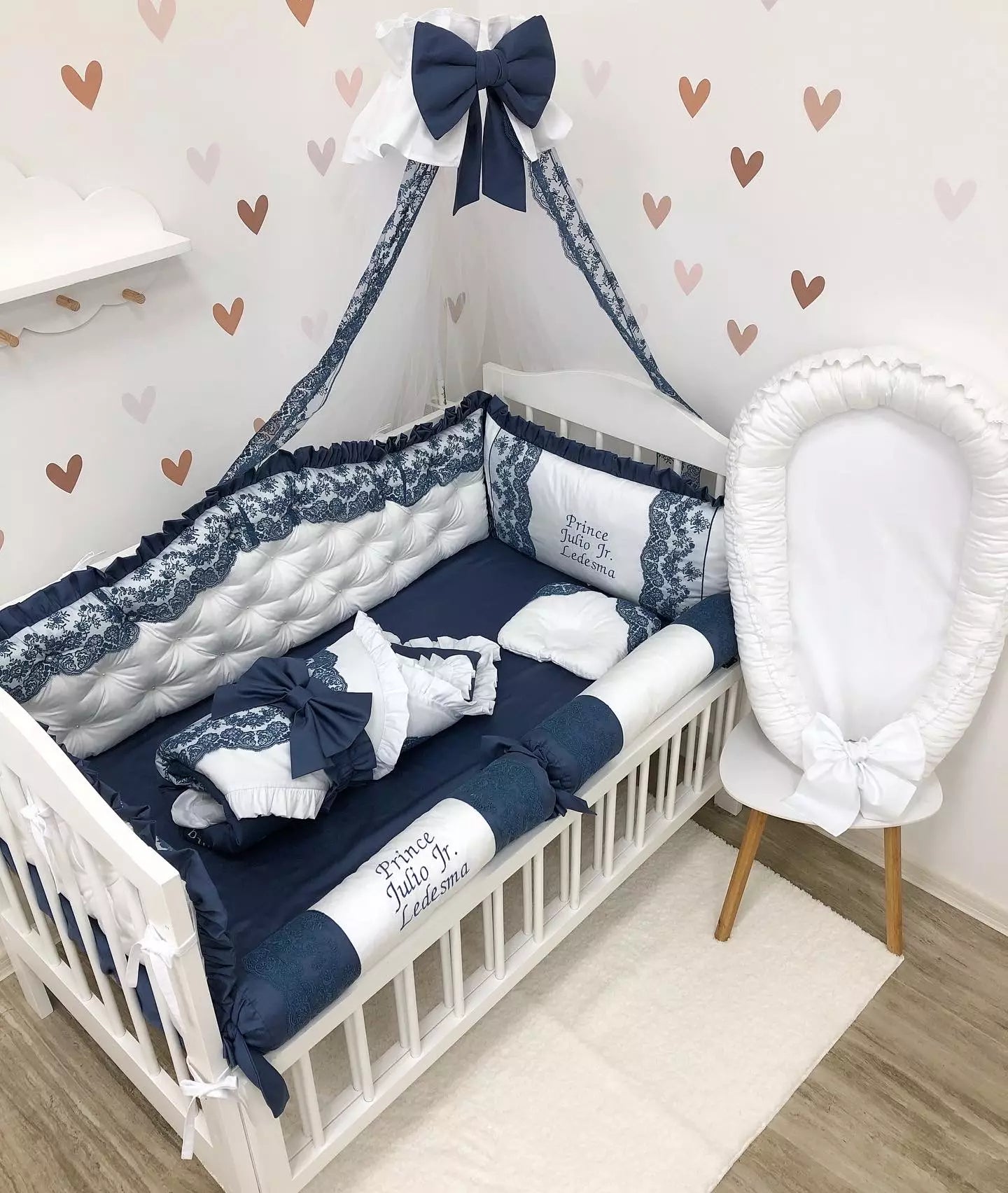 Crib set “Personalized navy blue and white luxury baby bedding set“