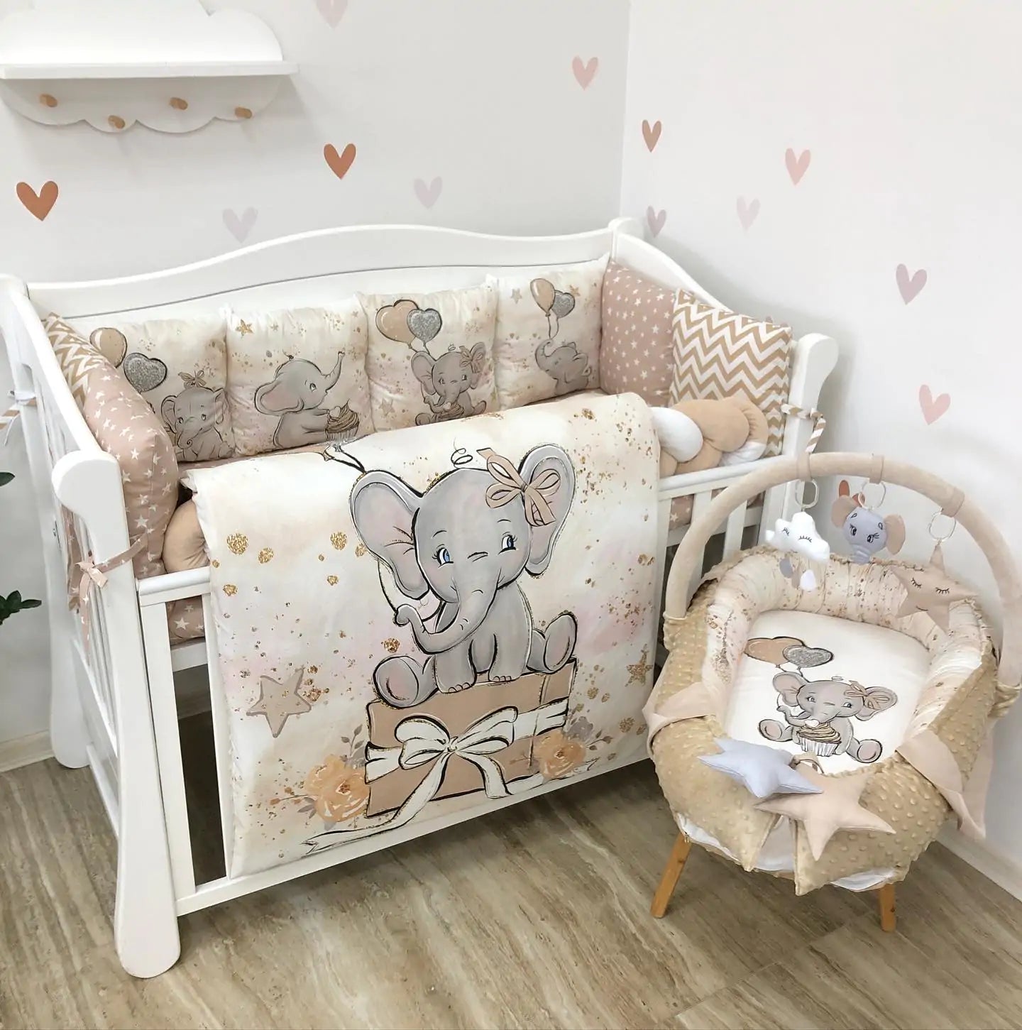 Beige elephant crib set with baby nest