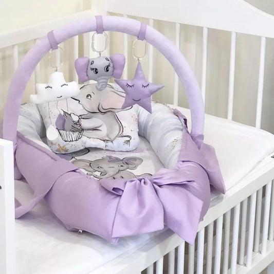 Elephant co-sleeper baby girl gift in purple color