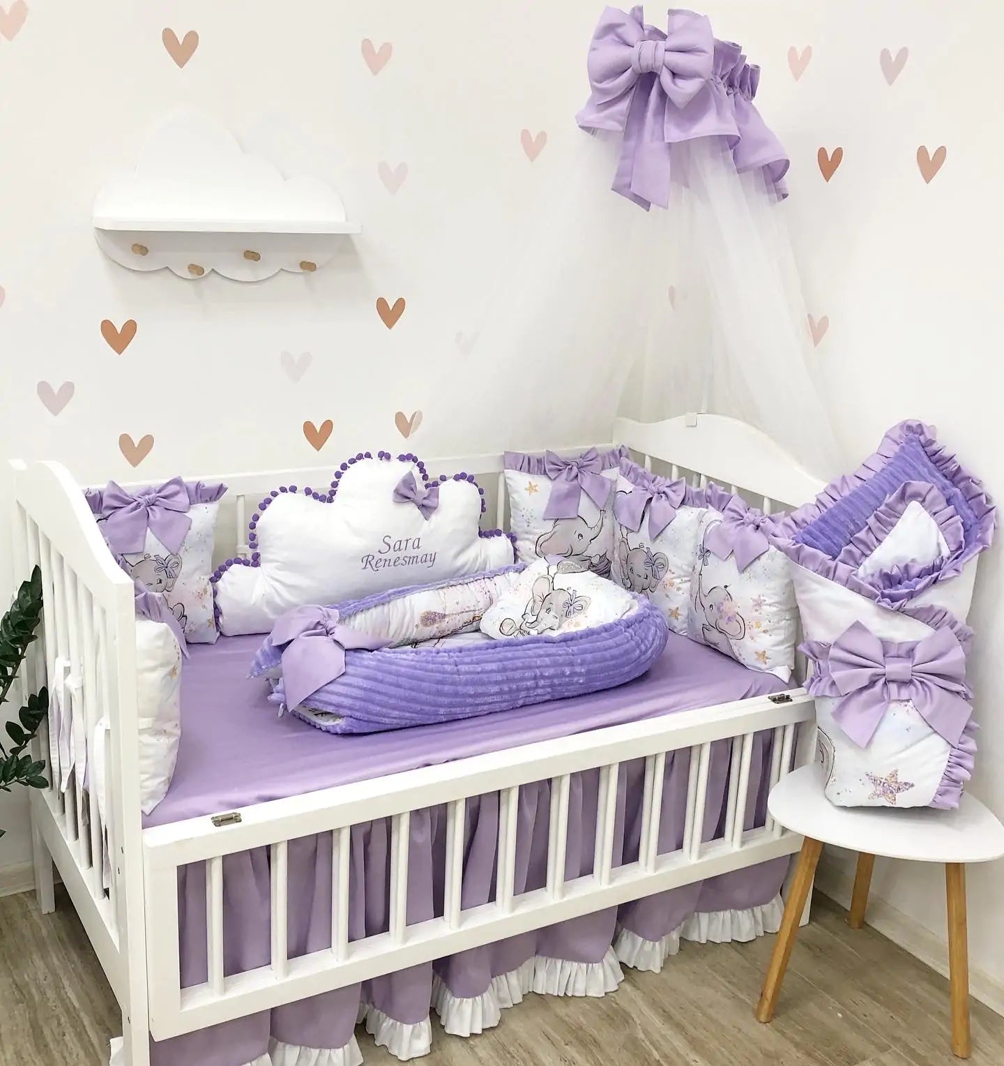 Baby girl Luxury crib Bedding set “Purple Elephant”