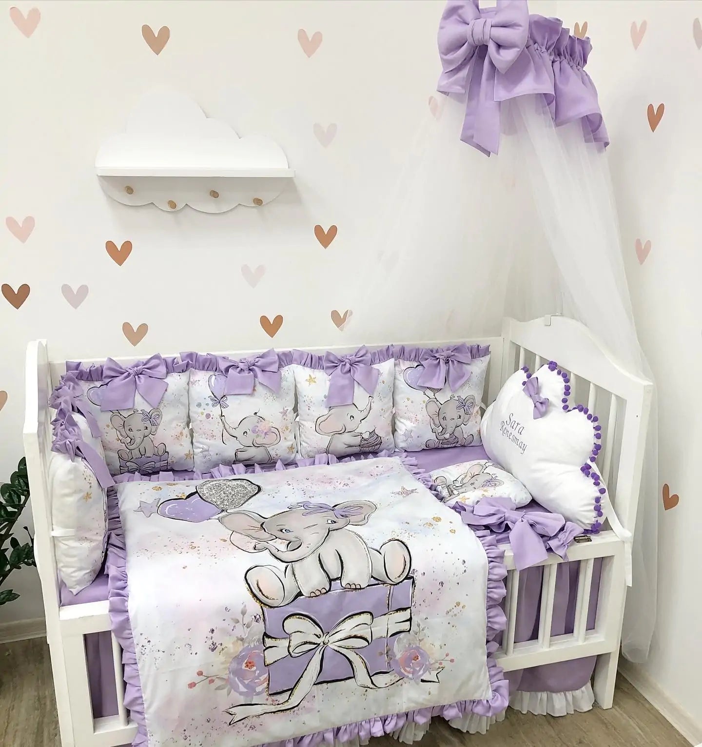 Baby girl Luxury crib Bedding set “Purple Elephant”