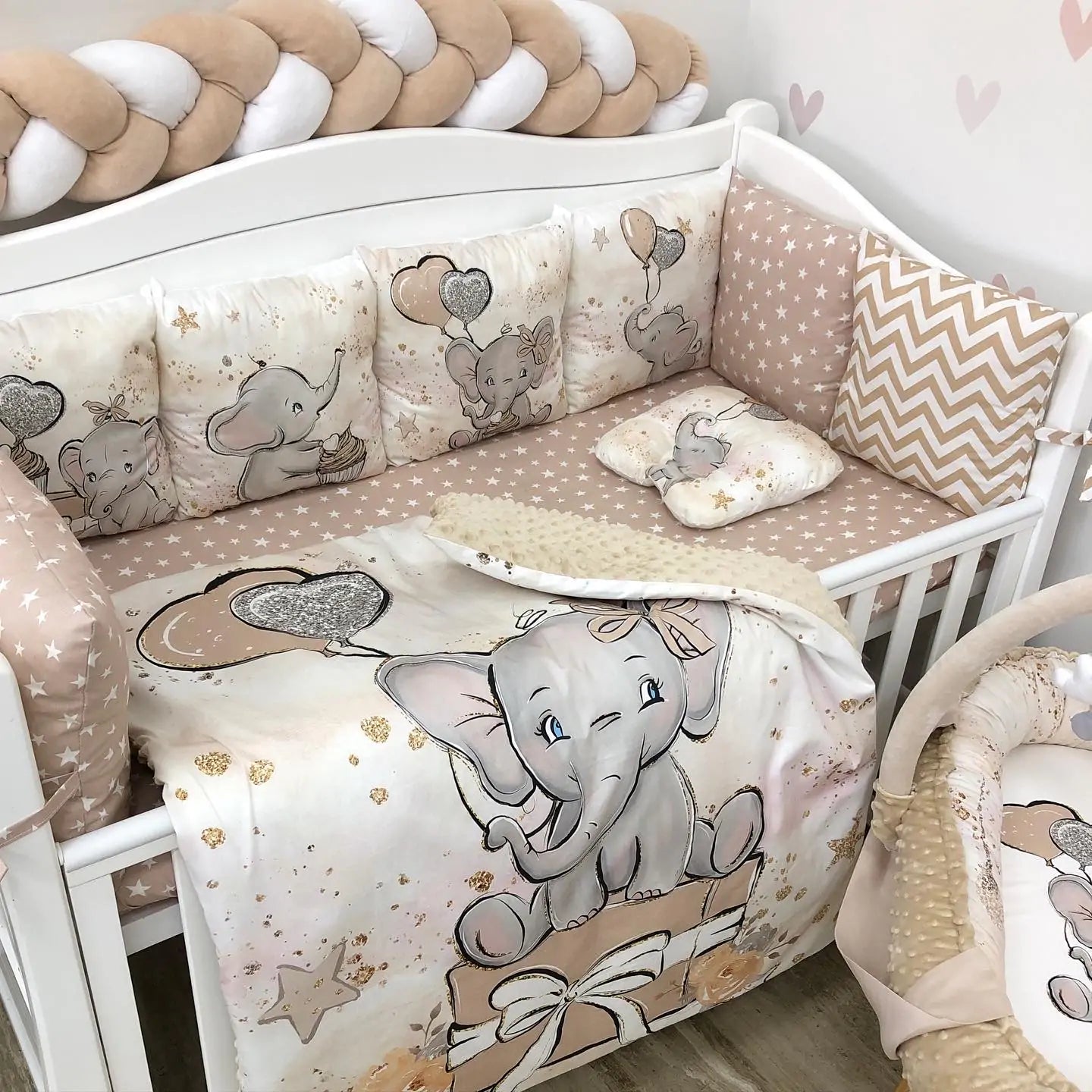 Beige elephant crib set with baby nest