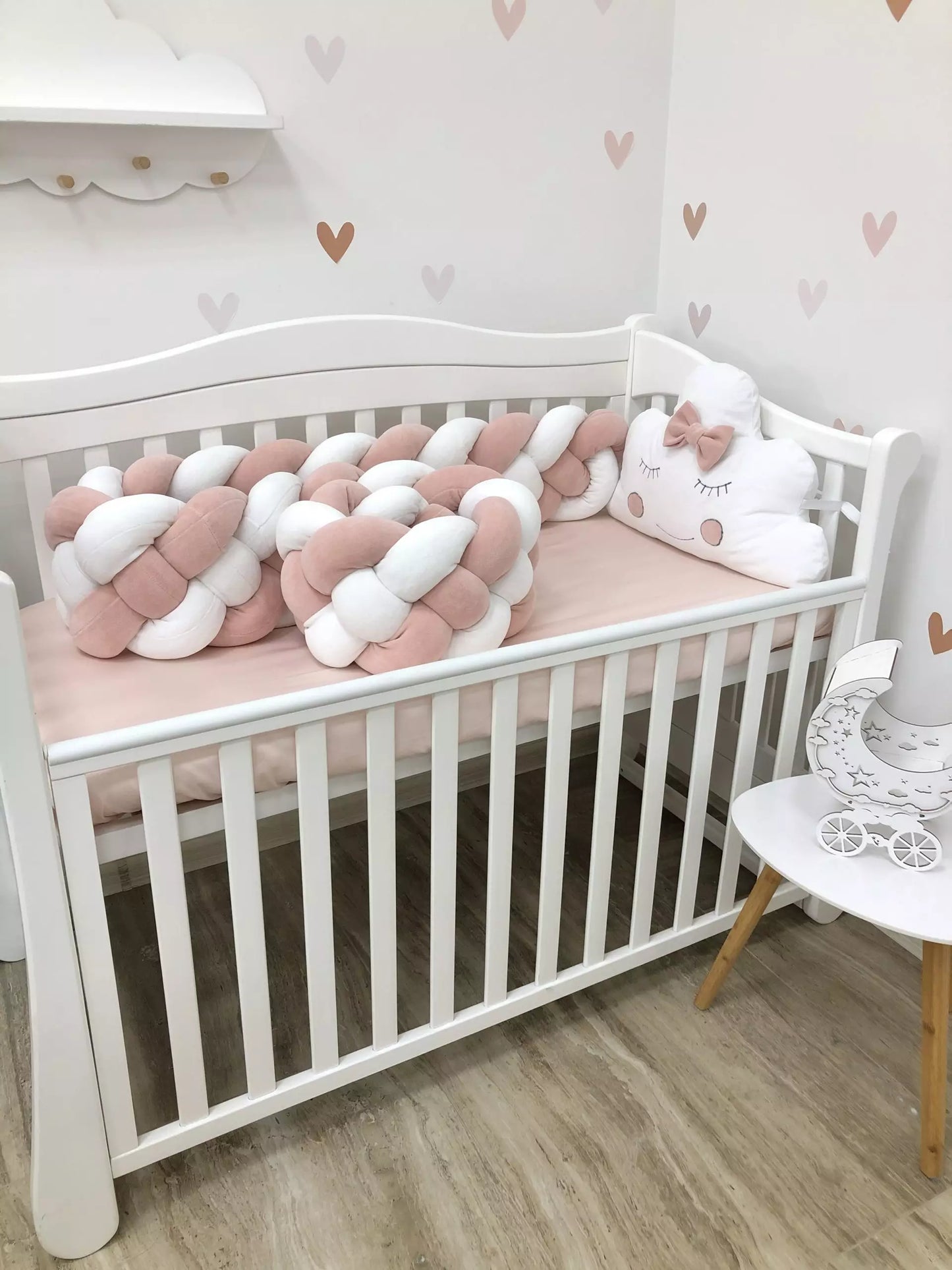 Crib Bumper “powder 4-strand braided bumper and cloud”