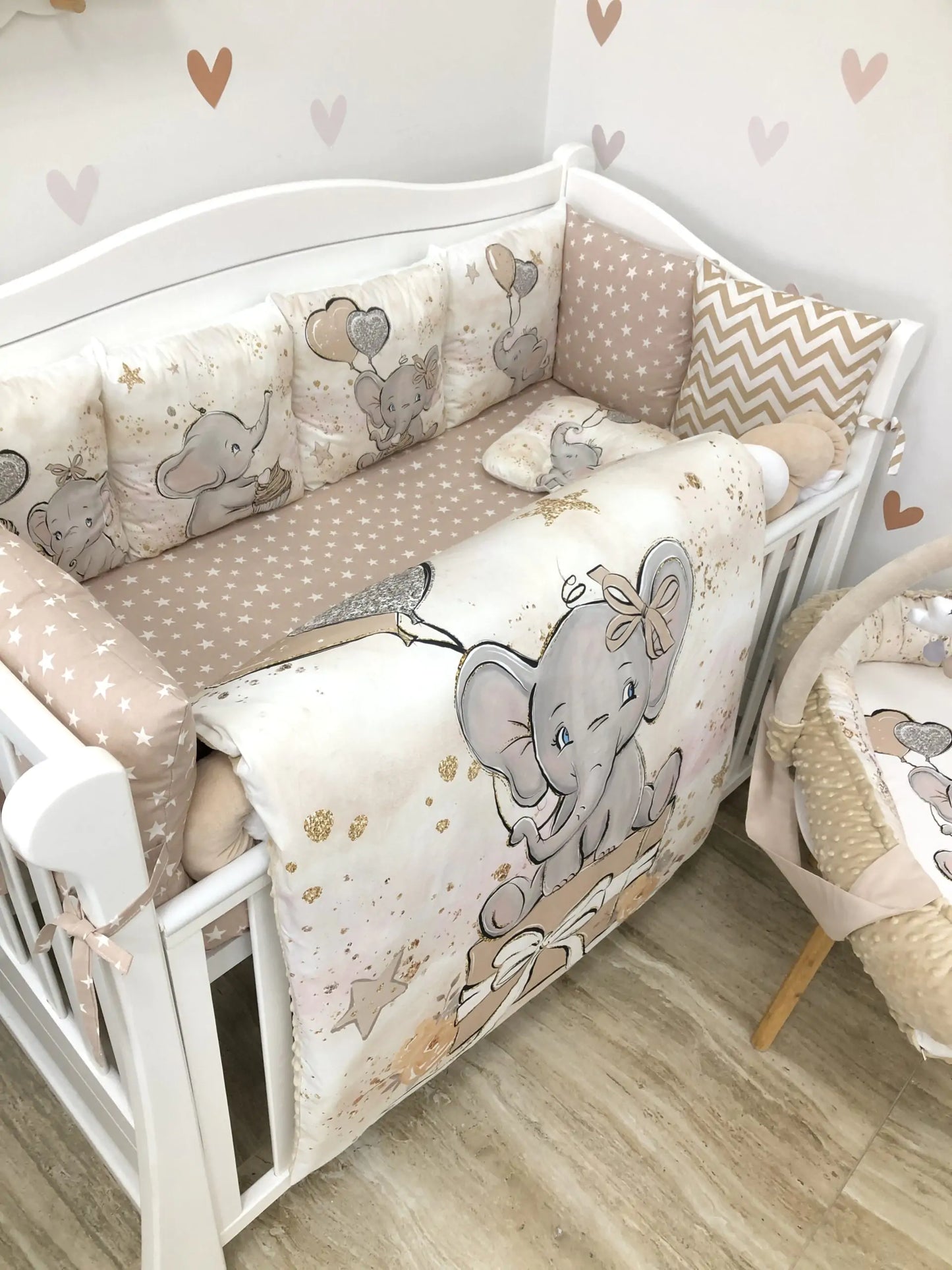 Beige elephant crib set with baby nest