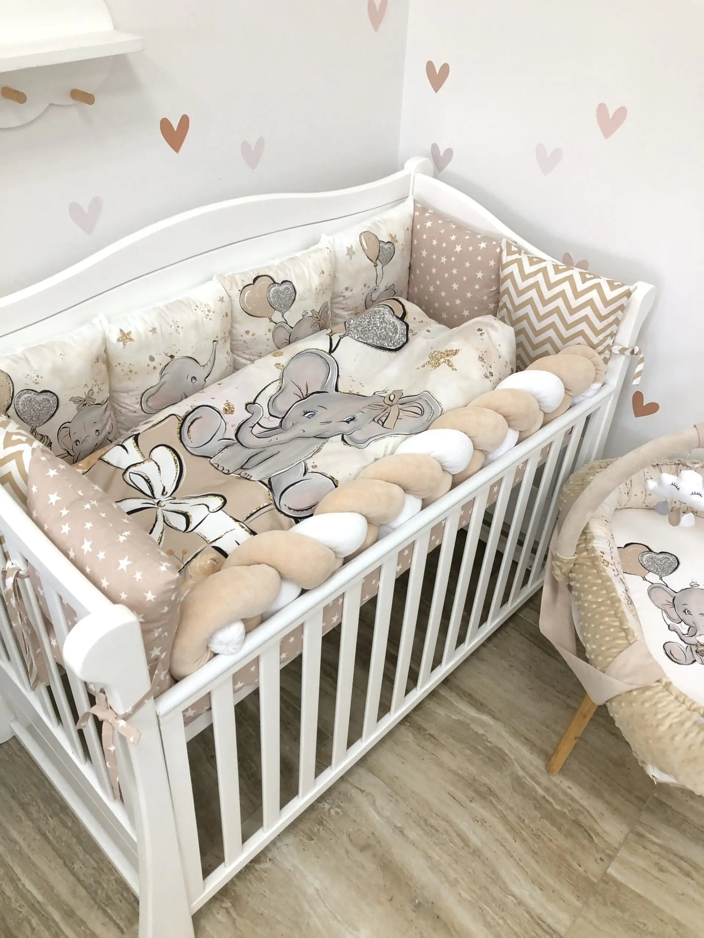 Beige elephant crib set with baby nest