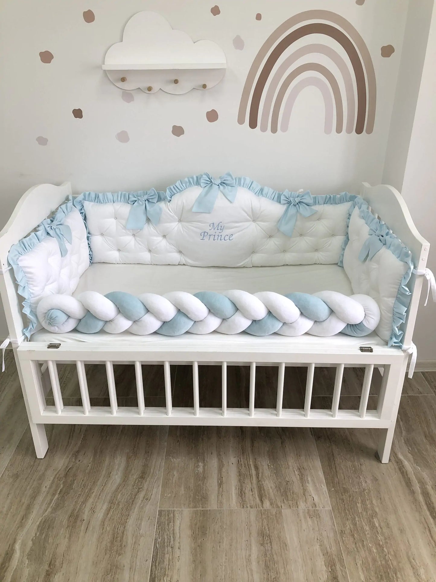 Personalized crib Bumper “My Prince” color light blue and white