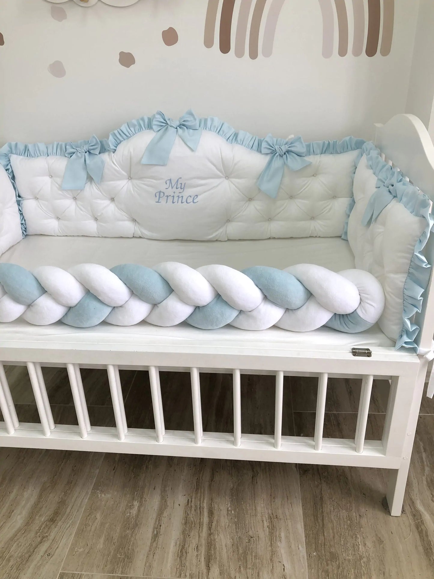 Personalized crib Bumper “My Prince” color light blue and white