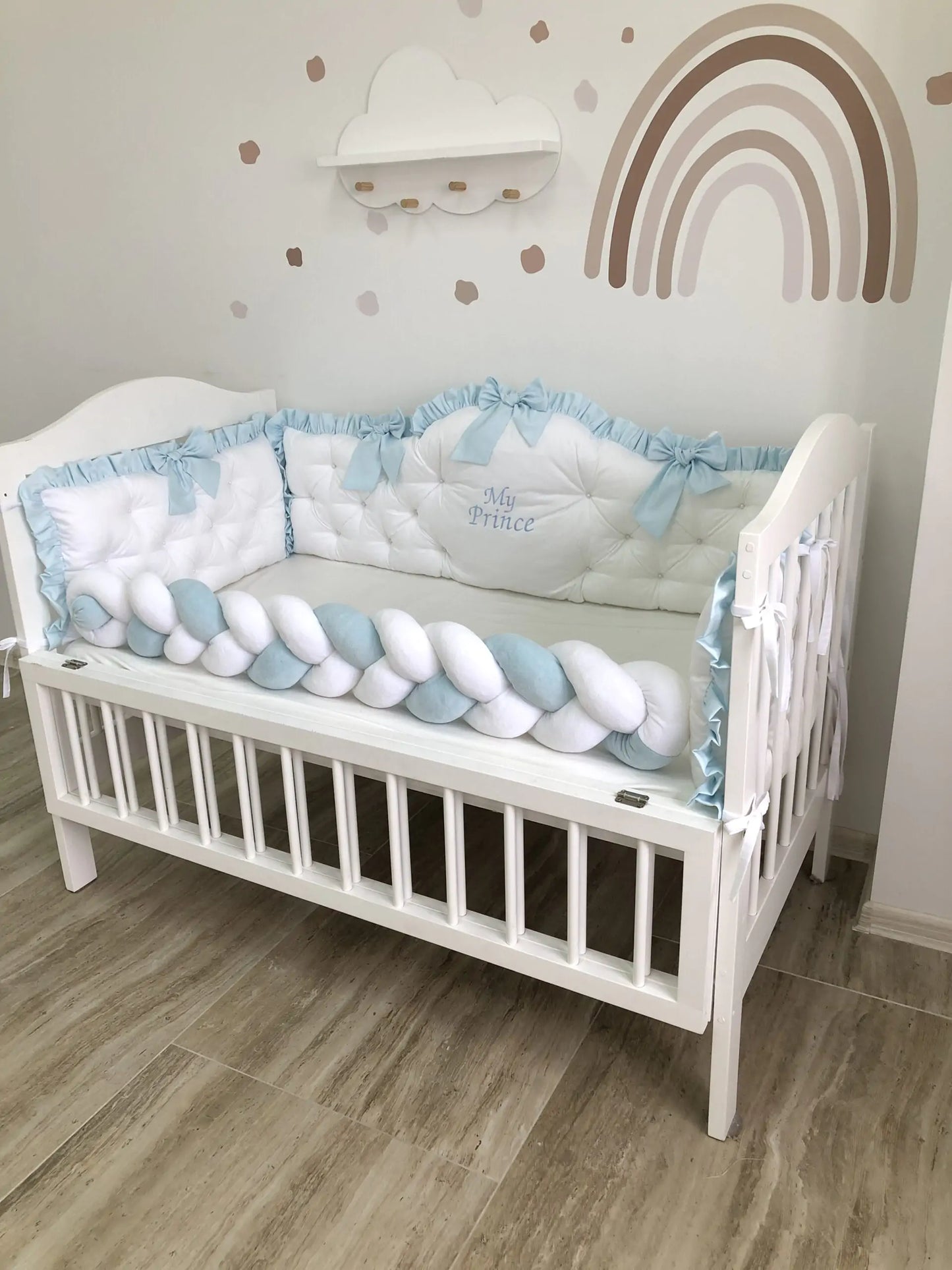 Personalized crib Bumper “My Prince” color light blue and white