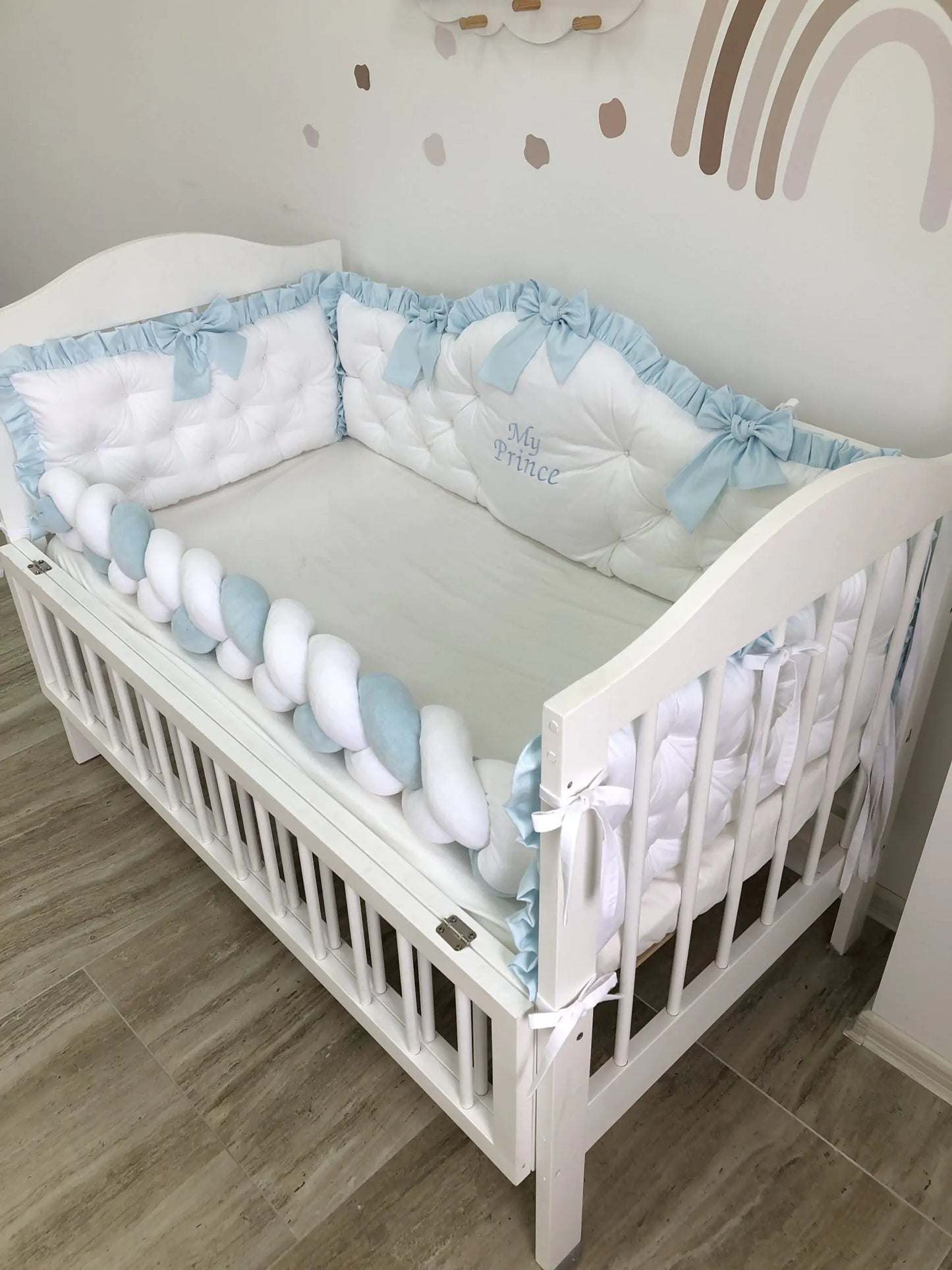 Personalized crib Bumper “My Prince” color light blue and white