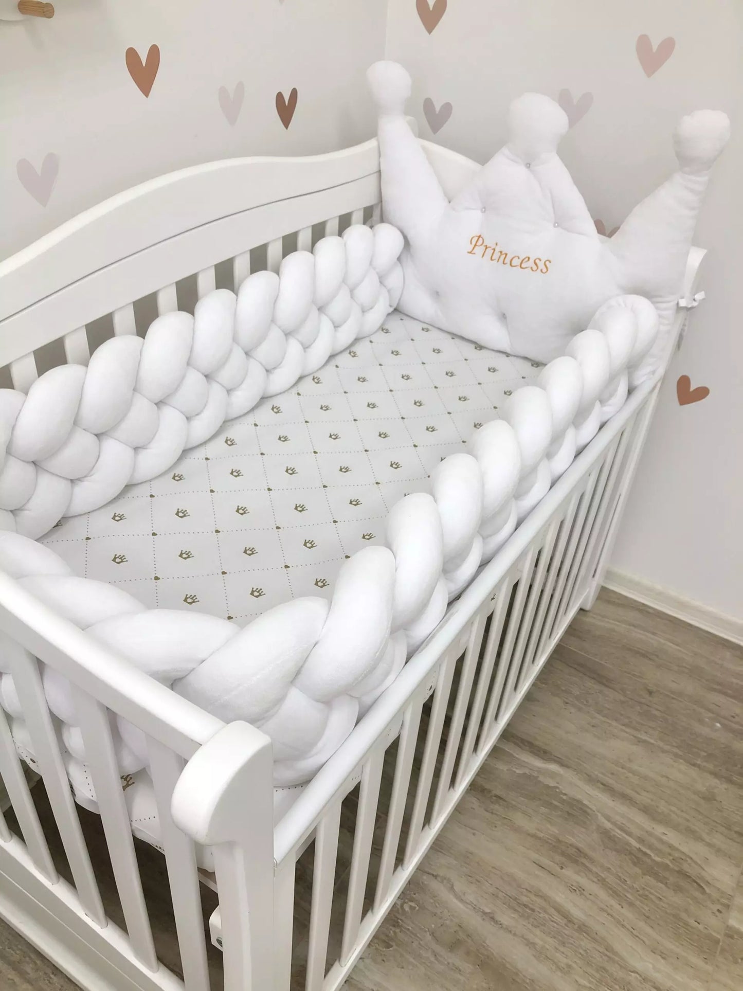 White baby bedding set - Crib bumper “Crown and braided”