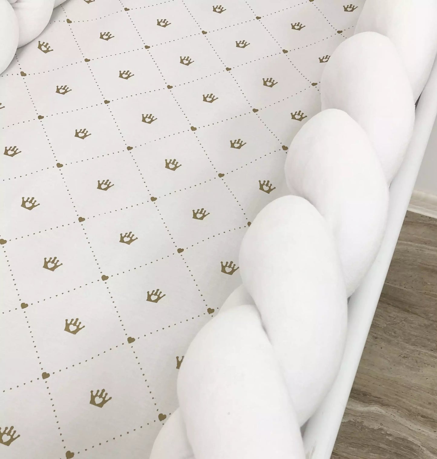 White baby bedding set - Crib bumper “Crown and braided”