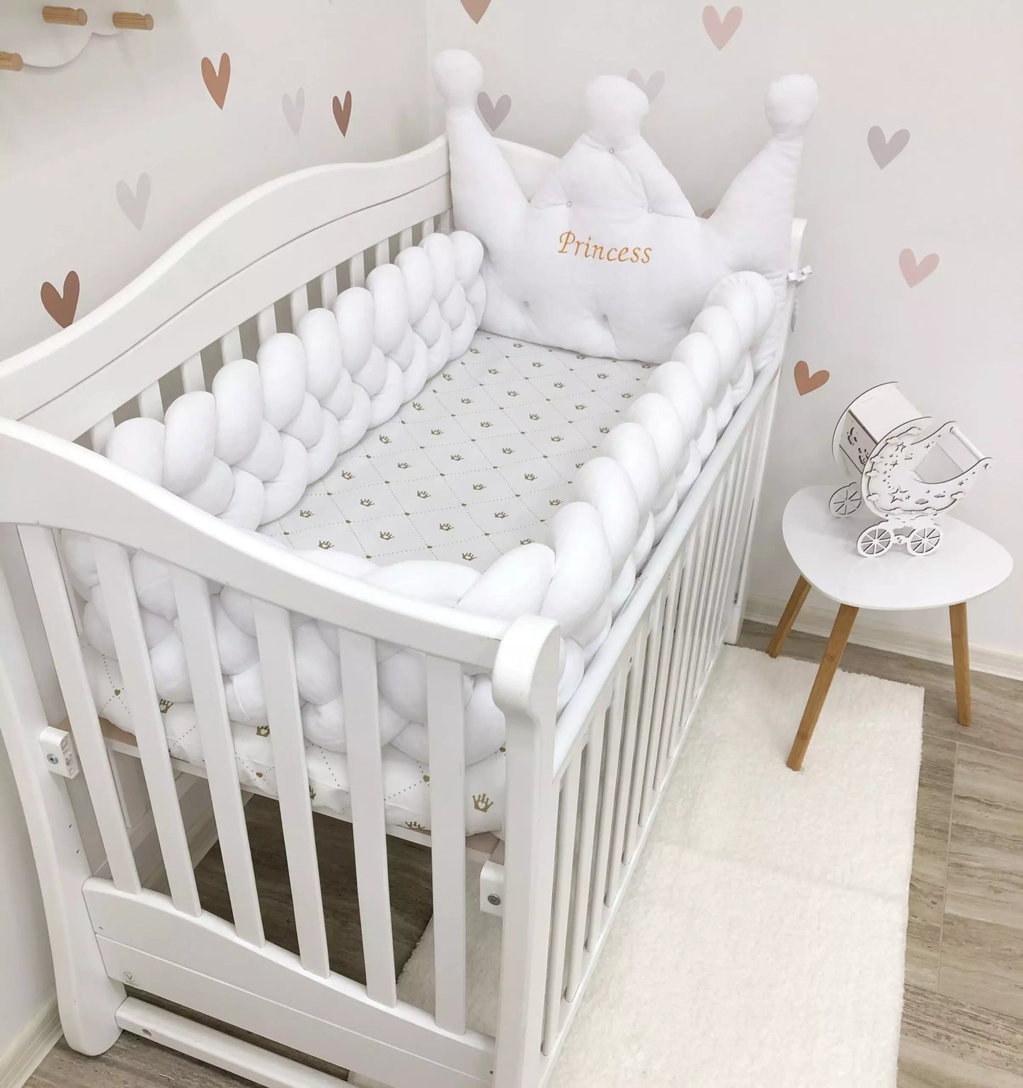 White baby bedding set - Crib bumper “Crown and braided”