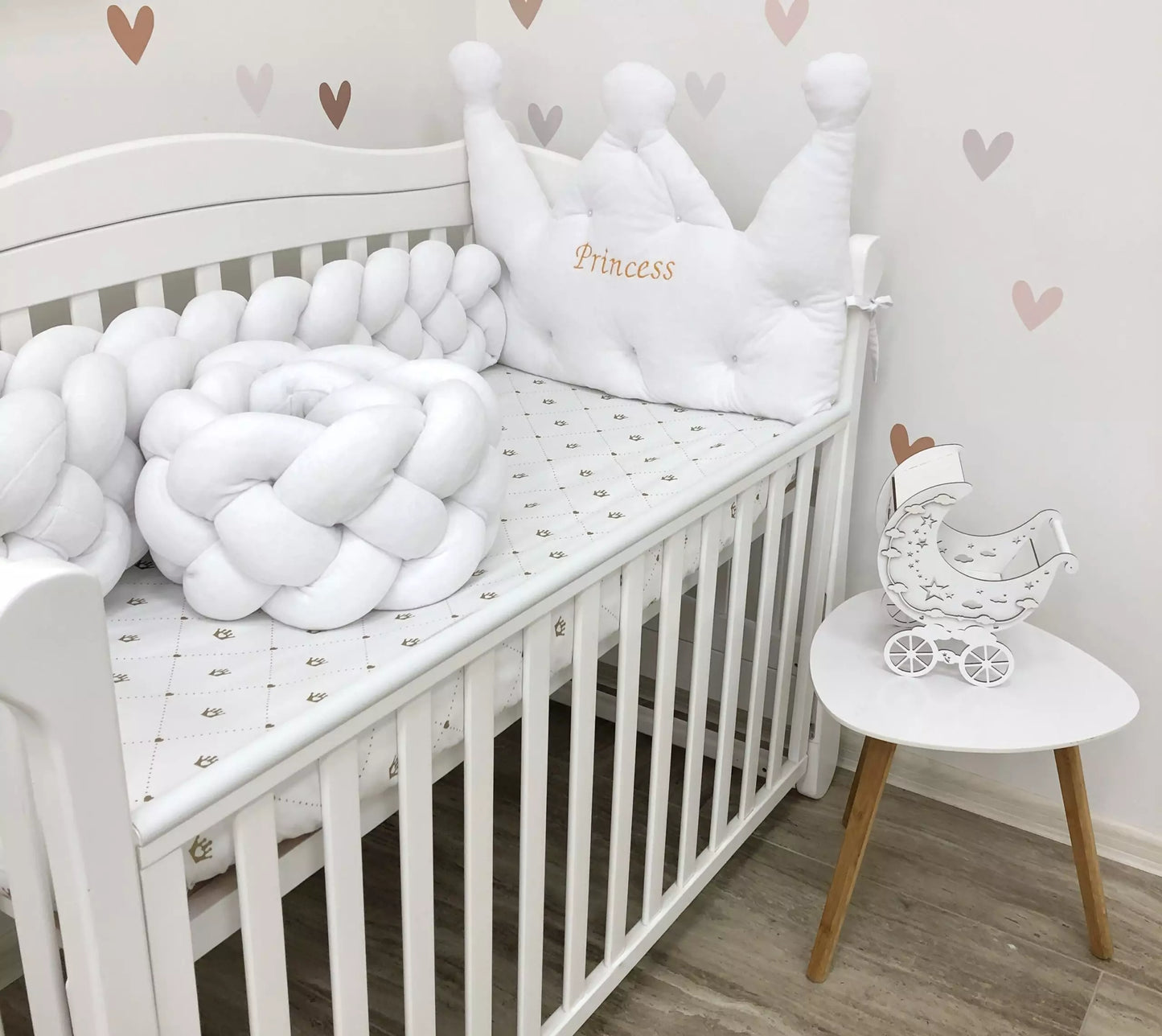 White baby bedding set - Crib bumper “Crown and braided”