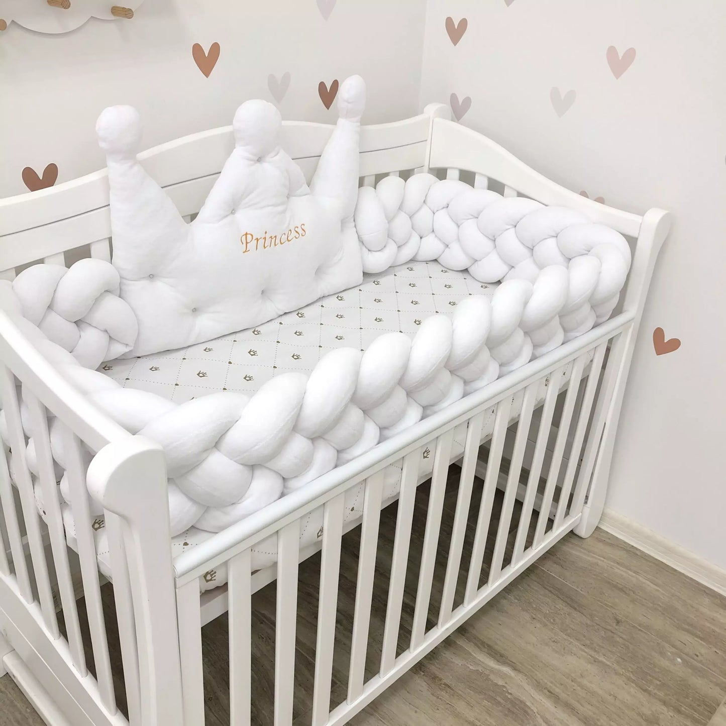 White baby bedding set - Crib bumper “Crown and braided”