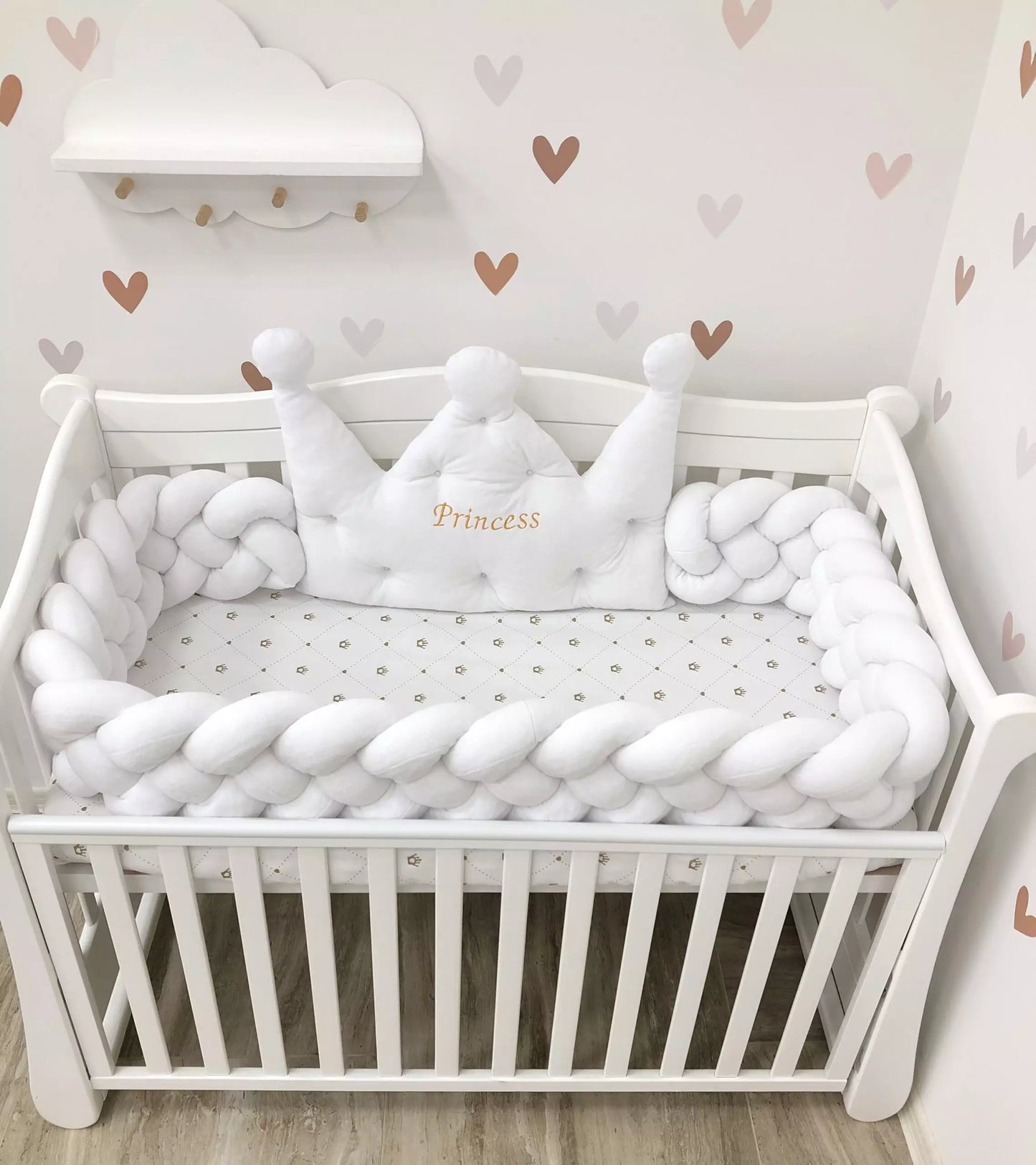 White baby bedding set - Crib bumper “Crown and braided”