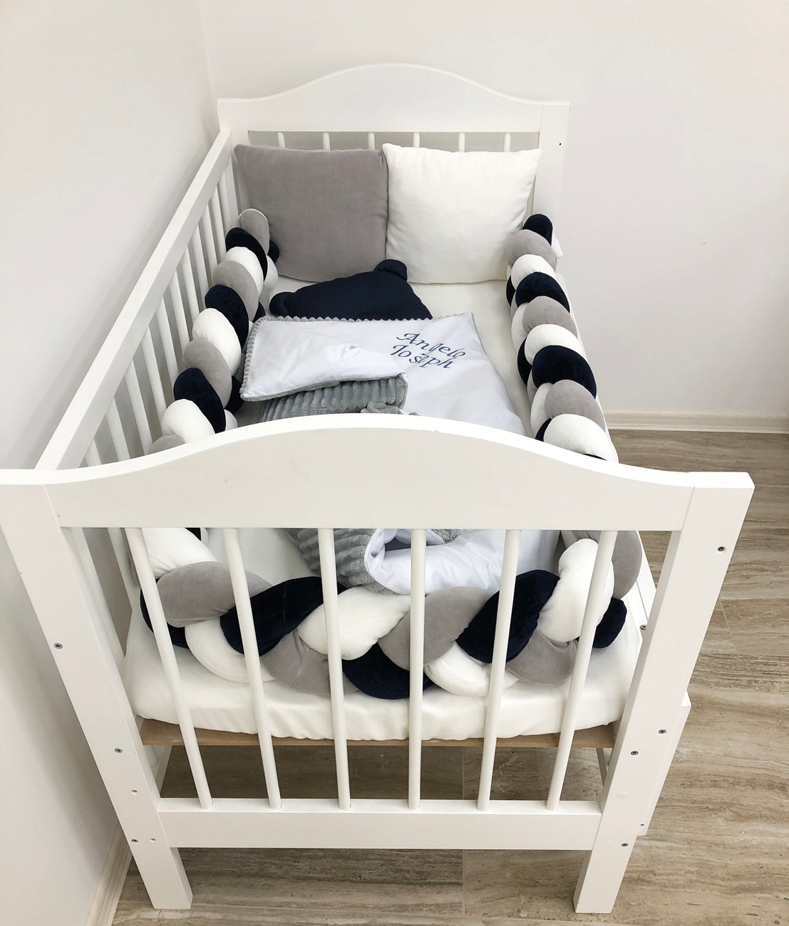 Crib set “Snuggle crib bedding in grey milk color for baby"