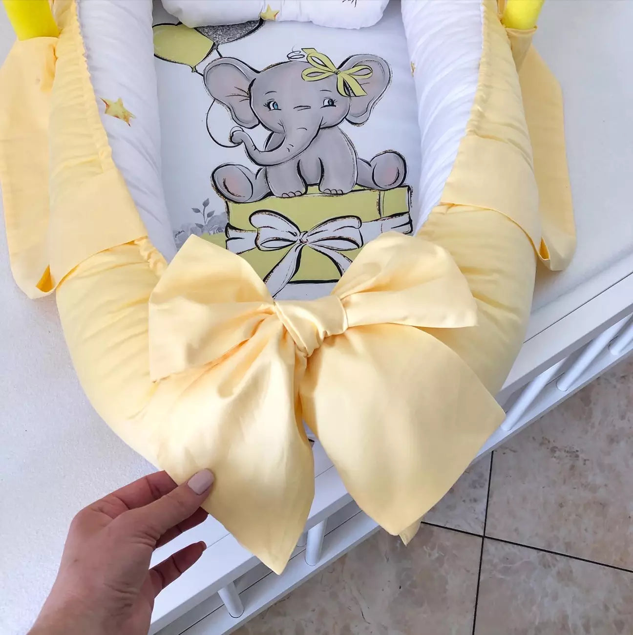 Baby Nest yellow Elephant “Nest for babies with bow and toys”