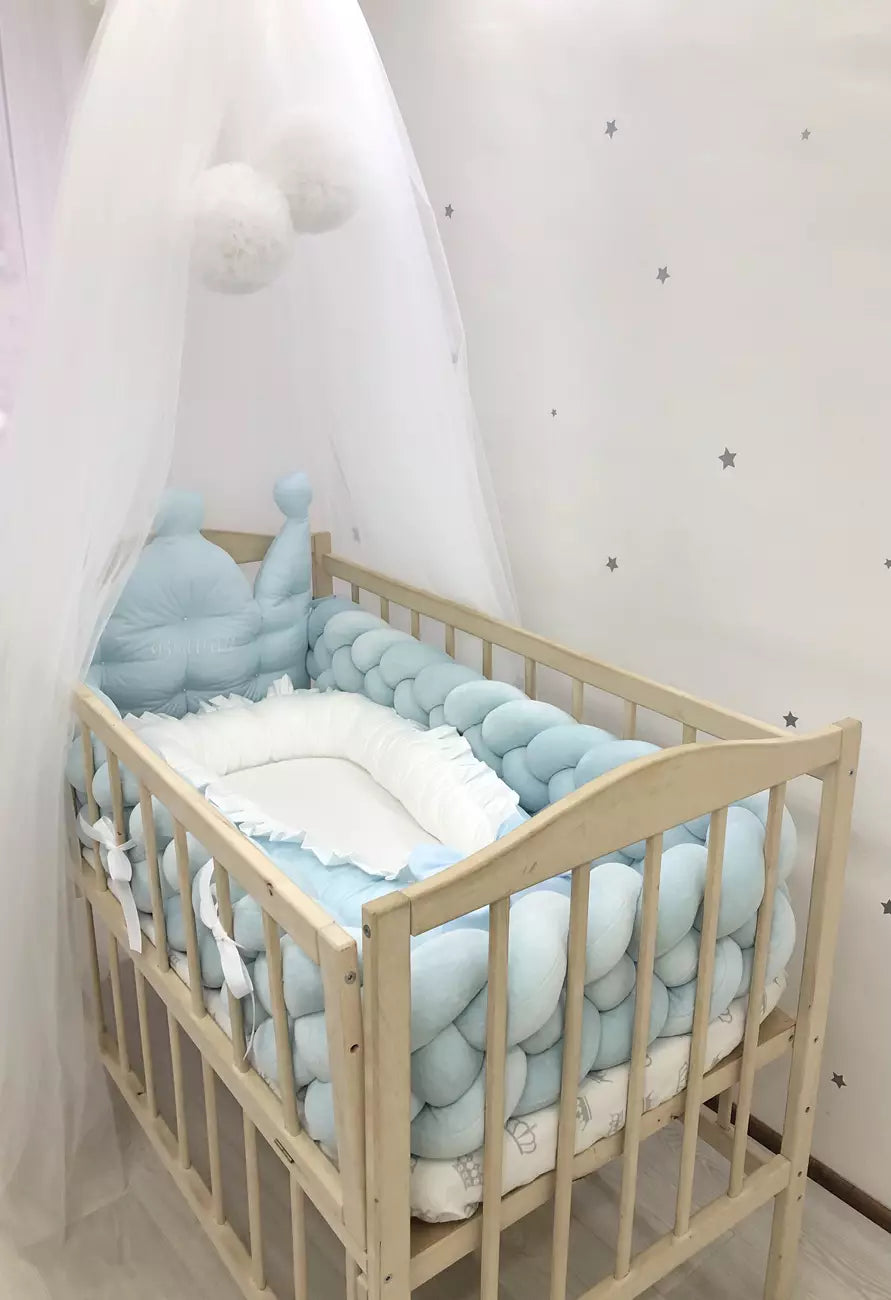 Blue baby bedding with baby nest and canopy