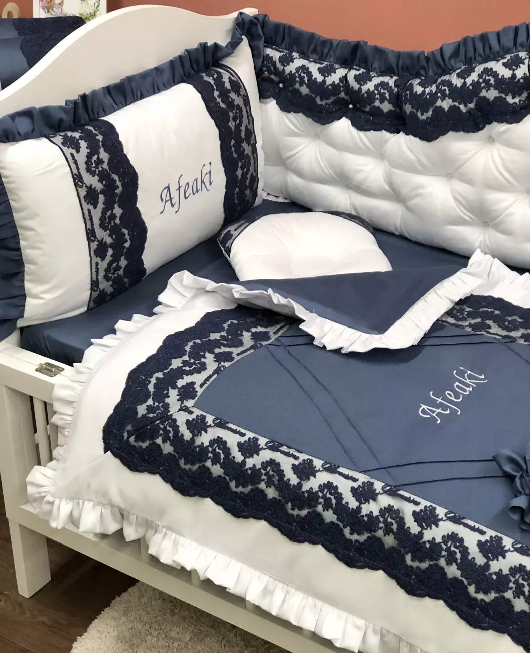 Crib set “Personalized navy blue and white luxury baby bedding set“