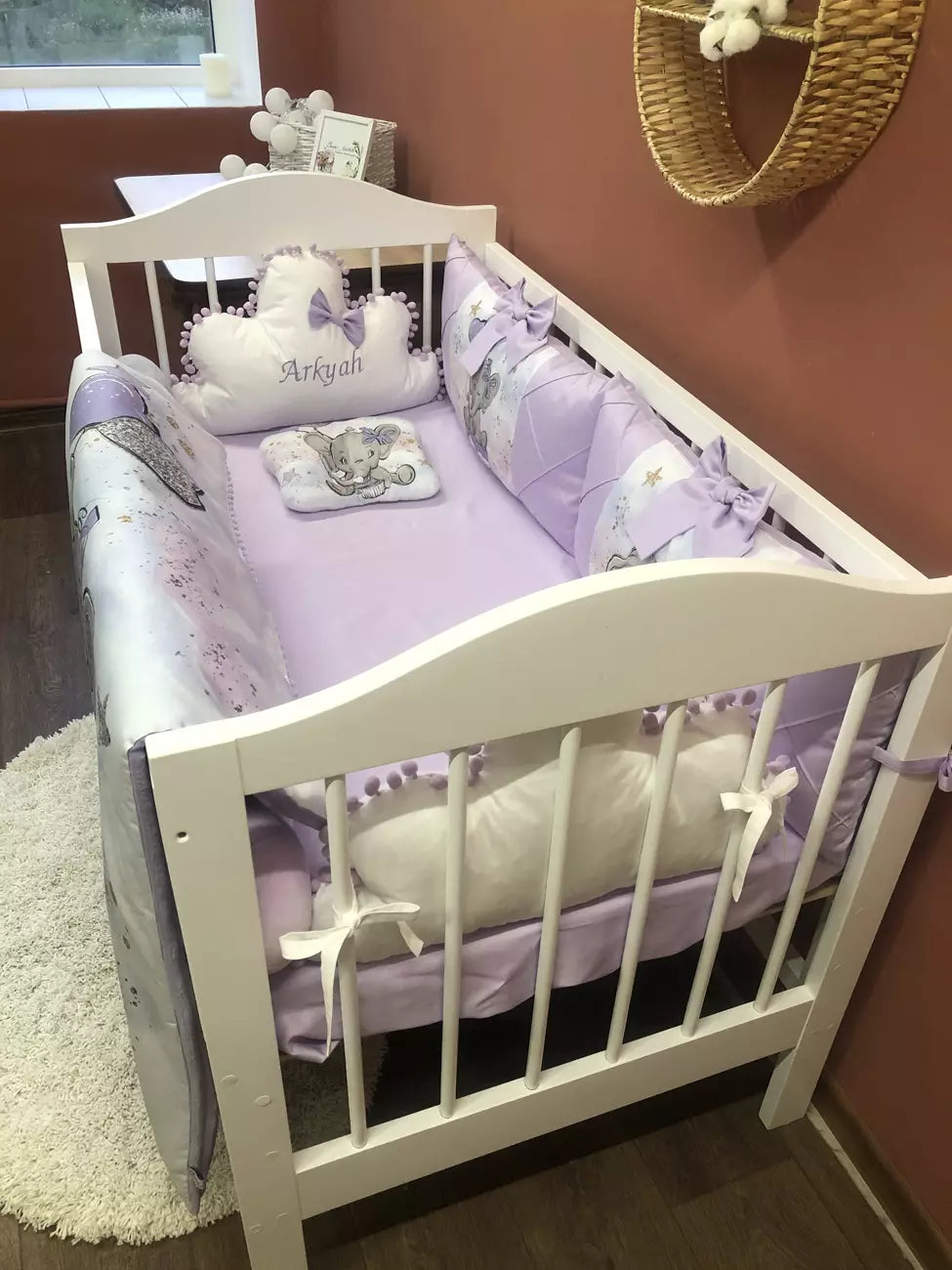 Crib set “Lilac Elephant”