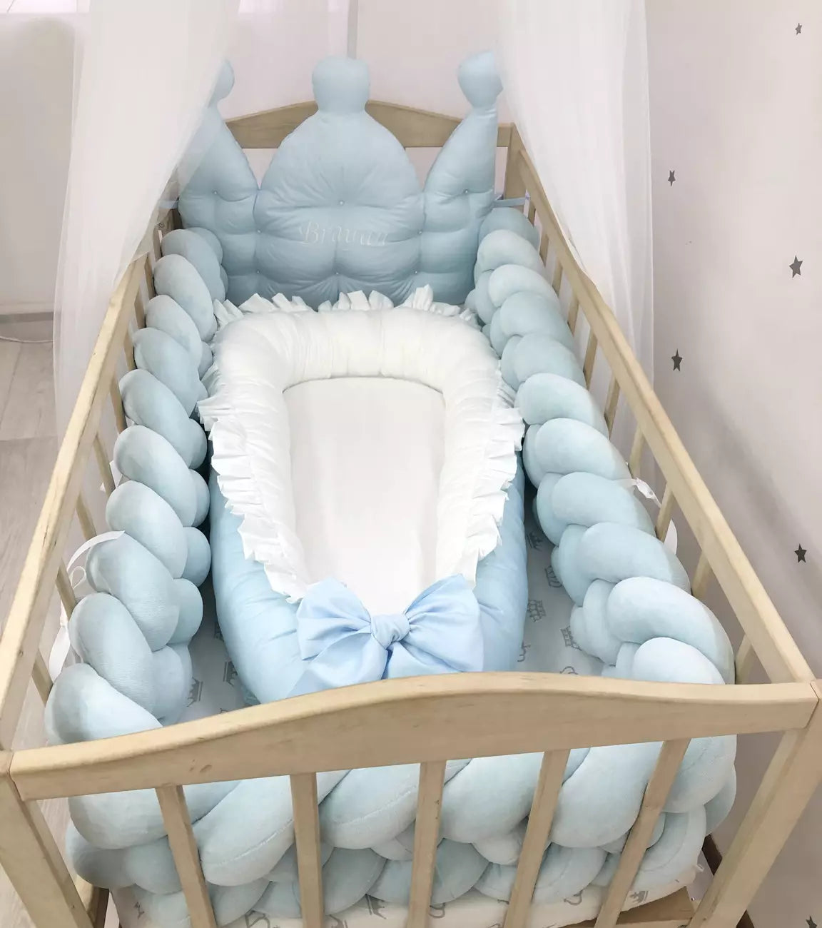 Blue baby bedding with baby nest and canopy