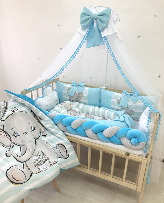 Crib set”Azure Elephant”