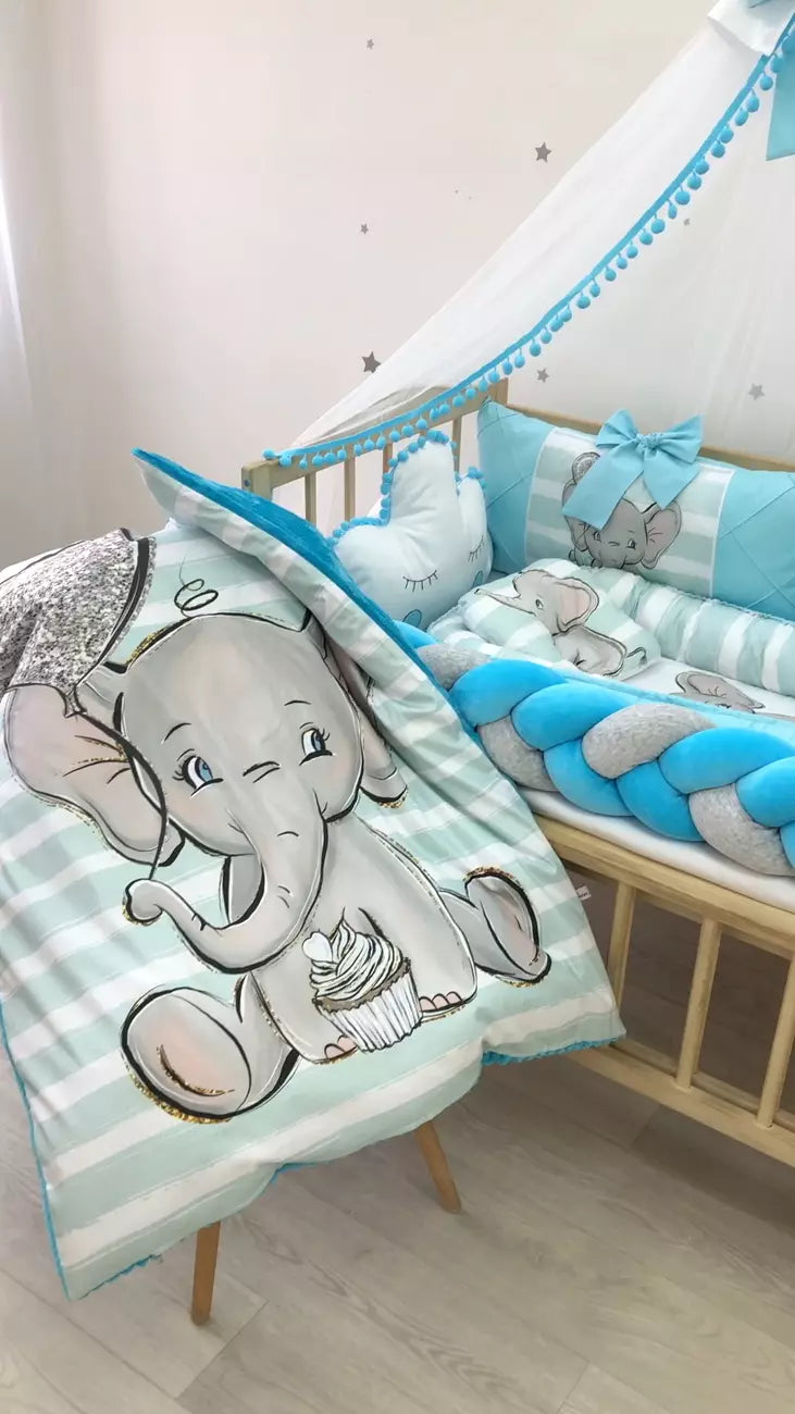 Crib set”Azure Elephant”