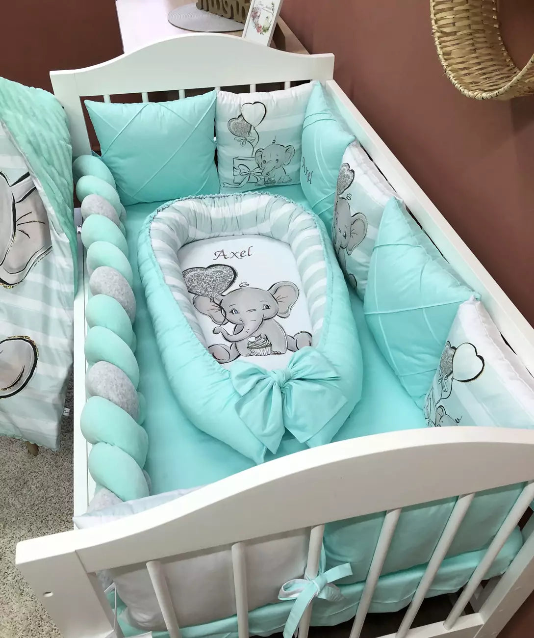 Crib set “Mint Elephant