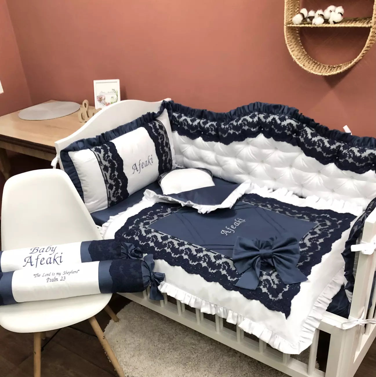 Crib set “Personalized navy blue and white luxury baby bedding set“