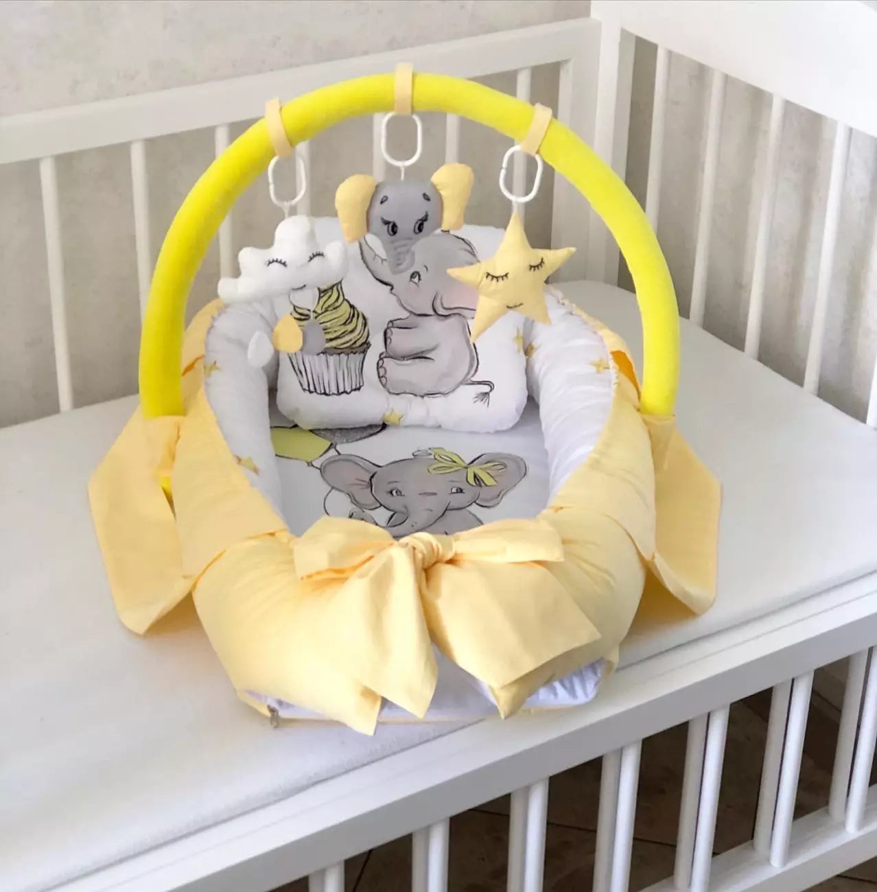 Baby Nest yellow Elephant “Nest for babies with bow and toys”