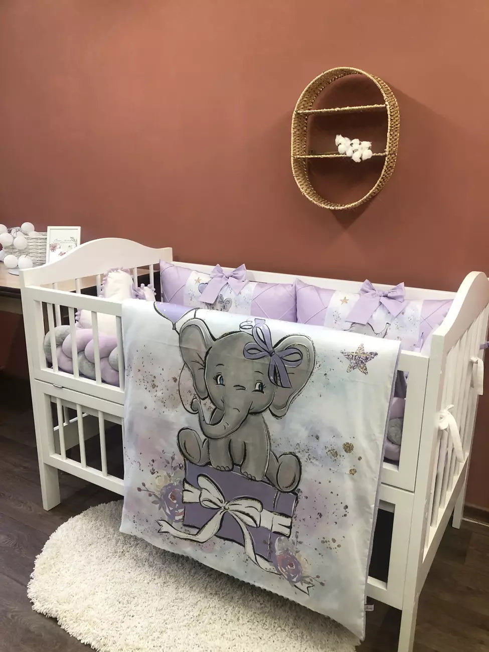 Crib set “Lilac Elephant”