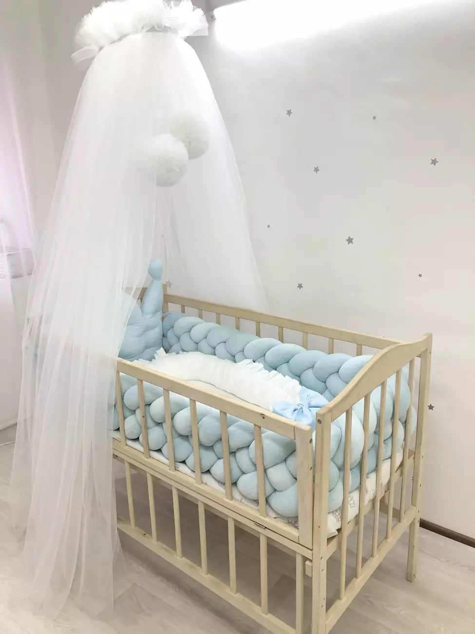 Blue baby bedding with baby nest and canopy