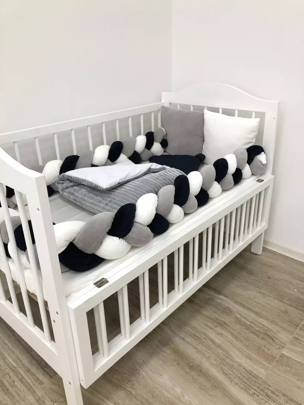 Crib set “Snuggle crib bedding in grey milk color for baby"