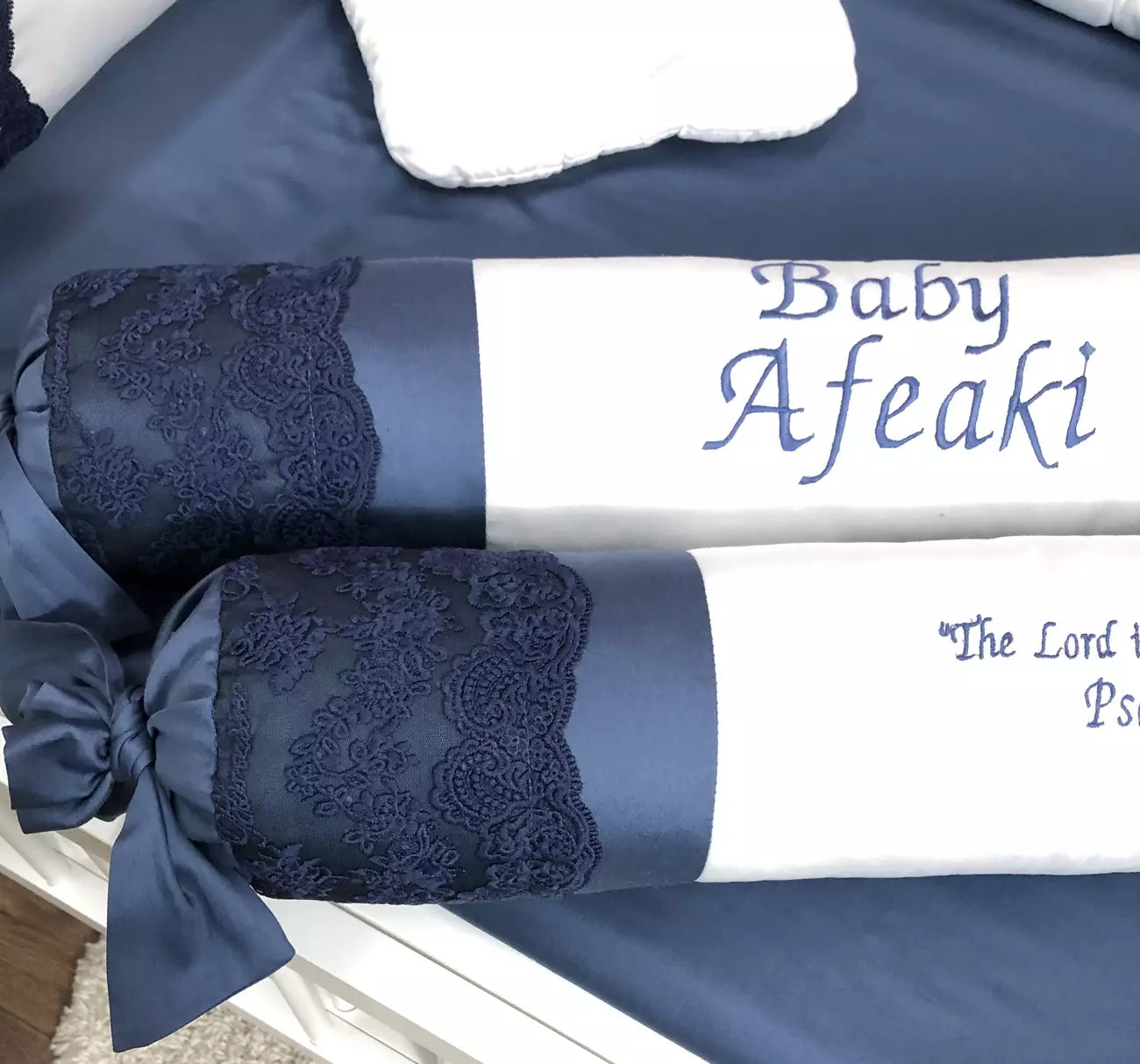 Crib set “Personalized navy blue and white luxury baby bedding set“