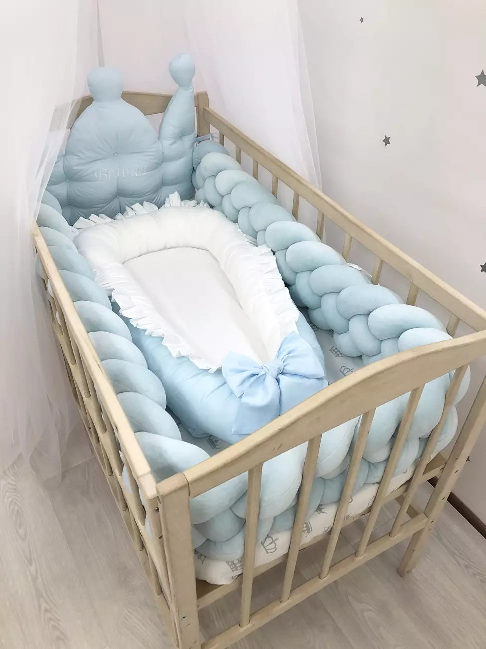 Blue baby bedding with baby nest and canopy