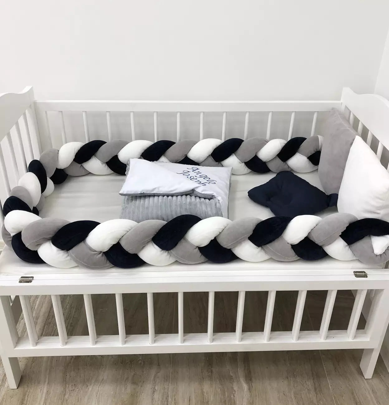 Crib set “Snuggle crib bedding in grey milk color for baby"