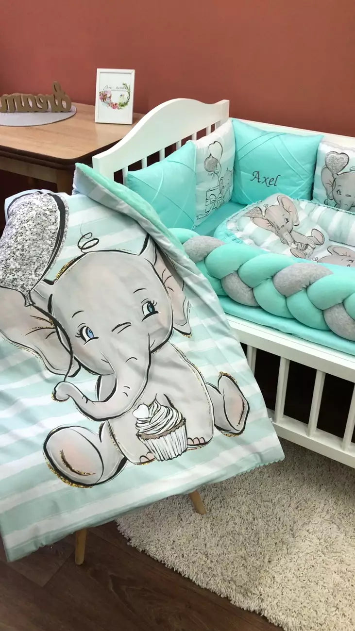 Crib set “Mint Elephant