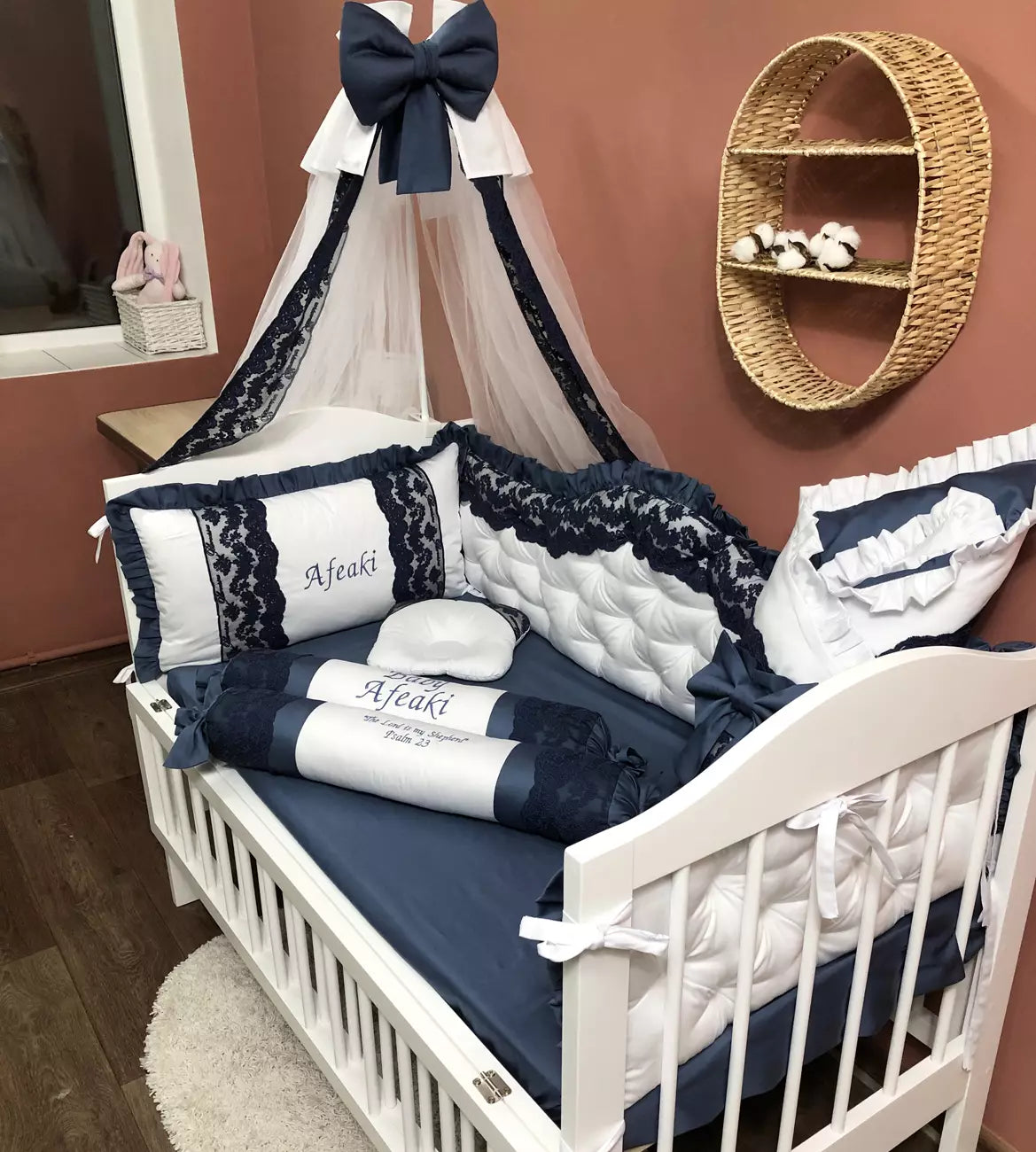 Crib set “Personalized navy blue and white luxury baby bedding set“